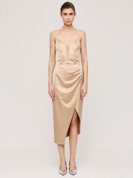 Χρυσό σατέν strapless midi φόρεμα σε ίσια γραμμή, μπούστο με διαφάνεια στο επάνω μέρος , κρουαζέ μπροστά και αποσπώμενες τιράντες Access