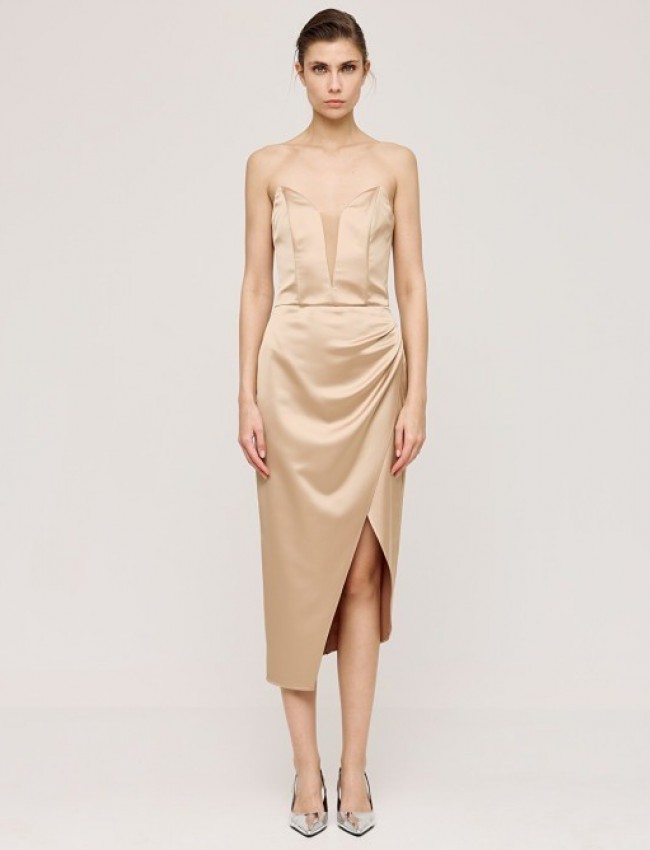 Χρυσό σατέν strapless midi φόρεμα σε ίσια γραμμή, μπούστο με διαφάνεια στο επάνω μέρος , κρουαζέ μπροστά και αποσπώμενες τιράντες Access