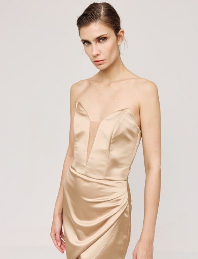 Χρυσό σατέν strapless midi φόρεμα σε ίσια γραμμή, μπούστο με διαφάνεια στο επάνω μέρος , κρουαζέ μπροστά και αποσπώμενες τιράντες Access