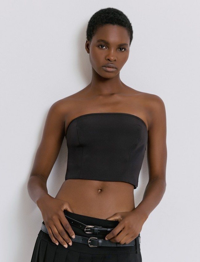 Μαύρη strapless μπλούζα με λάστιχο σφηκοφωλιά στην πλάτη και κλείσιμο με φερμουάρ στο πλάι Access 