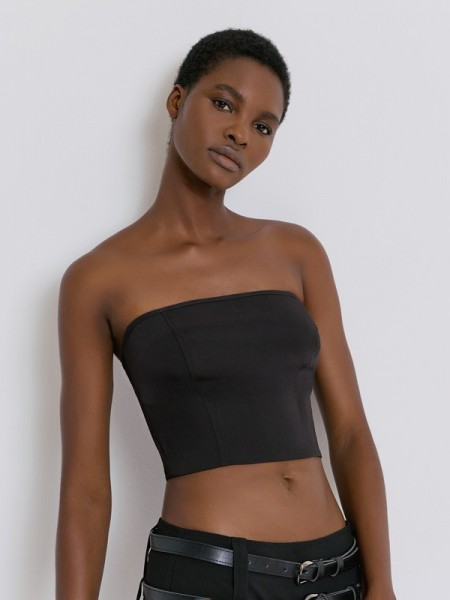 Μαύρη strapless μπλούζα με λάστιχο σφηκοφωλιά στην πλάτη και κλείσιμο με φερμουάρ στο πλάι Access 