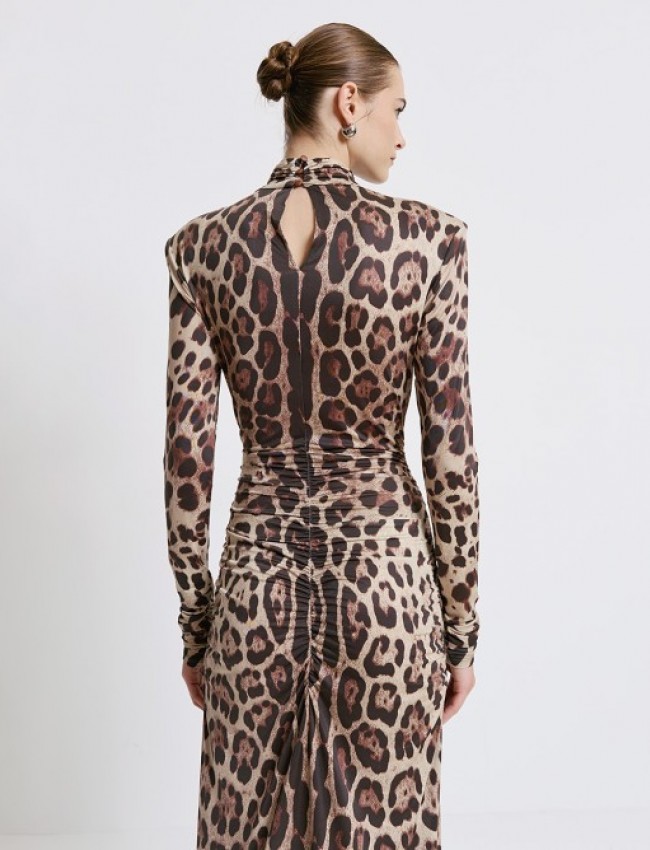 Leopard printed μαύρο μακρυμάνικο maxi ελαστικό φόρεμα, με ζιβάγκο λαιμόκοψη, βάτες στους ώμους και σούρες στα πλάγια και πίσω Access