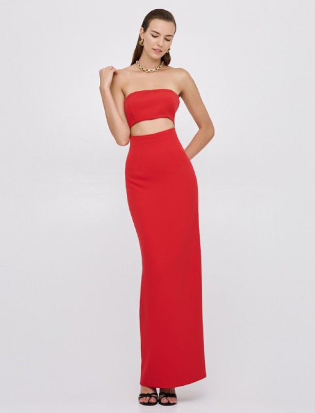 Κόκκινο strapless maxi φόρεμα, σε ίσια γραμμή, με άνοιγμα κάτω απο το μπούστο και μεγάλο σκίσιμο πίσω στο τελείωμα Aceess  