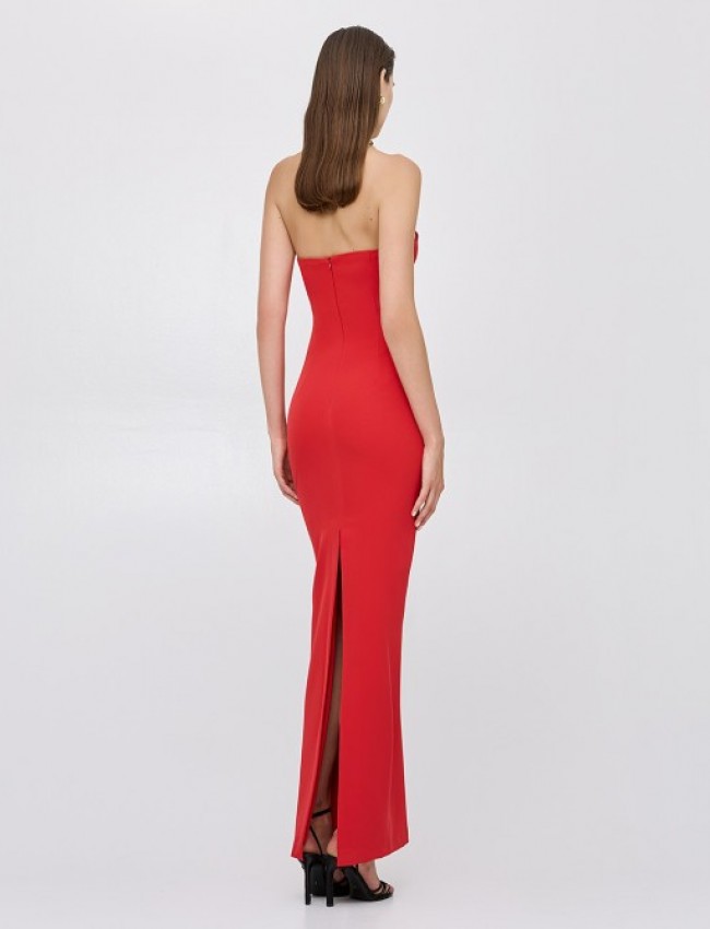 Κόκκινο strapless maxi φόρεμα, σε ίσια γραμμή, με άνοιγμα κάτω απο το μπούστο και μεγάλο σκίσιμο πίσω στο τελείωμα Aceess  