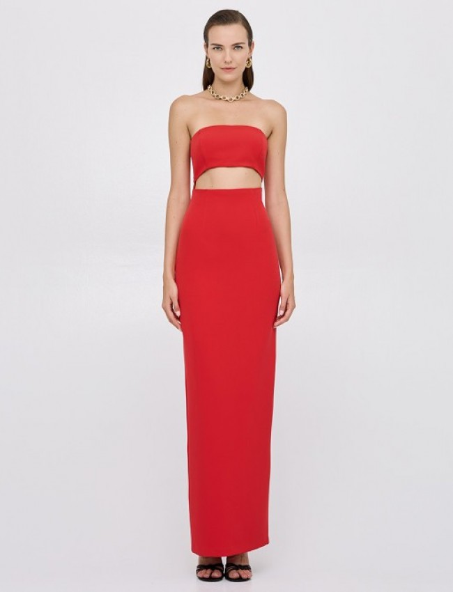 Κόκκινο strapless maxi φόρεμα, σε ίσια γραμμή, με άνοιγμα κάτω απο το μπούστο και μεγάλο σκίσιμο πίσω στο τελείωμα Aceess  