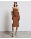 Κάμελ strapless midi ελαστικό φόρεμα με σούρες μπροστά και σκίσιμο στο πλάι Access