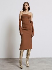 Κάμελ strapless midi ελαστικό φόρεμα με σούρες μπροστά και σκίσιμο στο πλάι Access