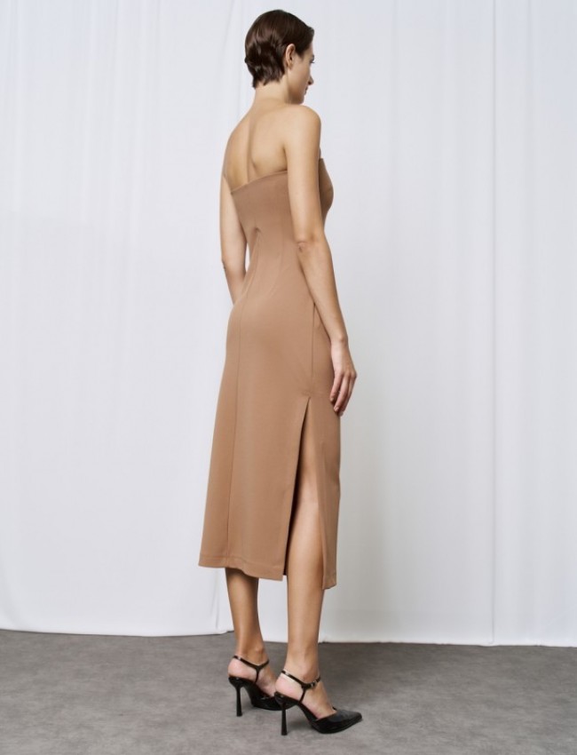 Κάμελ strapless midi ελαστικό φόρεμα με σούρες μπροστά και σκίσιμο στο πλάι Access