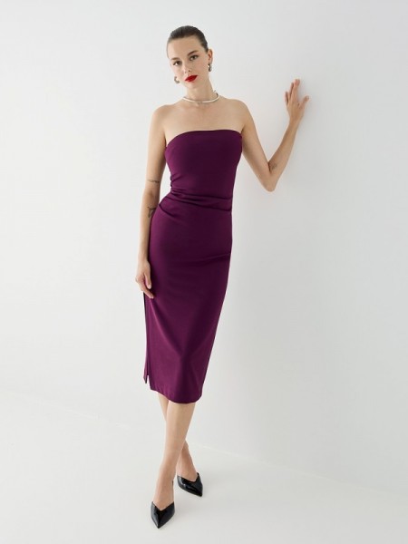 Μωβ strapless midi ελαστικό φόρεμα με σούρες μπροστά και σκίσιμο στο πλάι Access