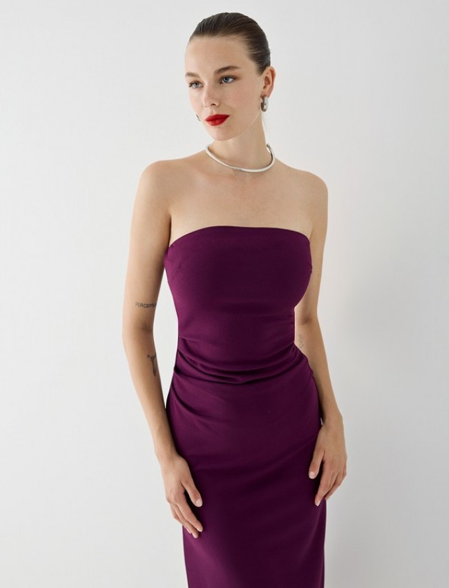 Μωβ strapless midi ελαστικό φόρεμα με σούρες μπροστά και σκίσιμο στο πλάι Access