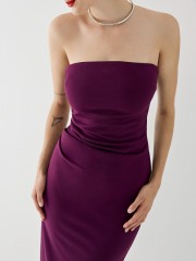 Μωβ strapless midi ελαστικό φόρεμα με σούρες μπροστά και σκίσιμο στο πλάι Access