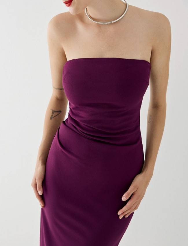 Μωβ strapless midi ελαστικό φόρεμα με σούρες μπροστά και σκίσιμο στο πλάι Access