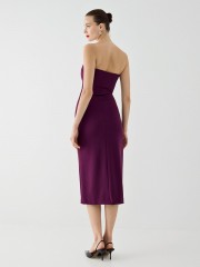 Μωβ strapless midi ελαστικό φόρεμα με σούρες μπροστά και σκίσιμο στο πλάι Access