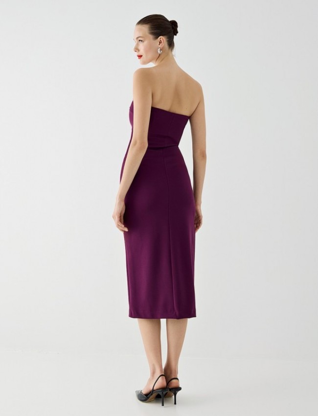 Μωβ strapless midi ελαστικό φόρεμα με σούρες μπροστά και σκίσιμο στο πλάι Access