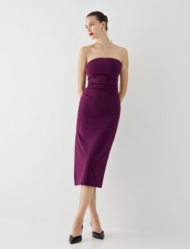 Μωβ strapless midi ελαστικό φόρεμα με σούρες μπροστά και σκίσιμο στο πλάι Access