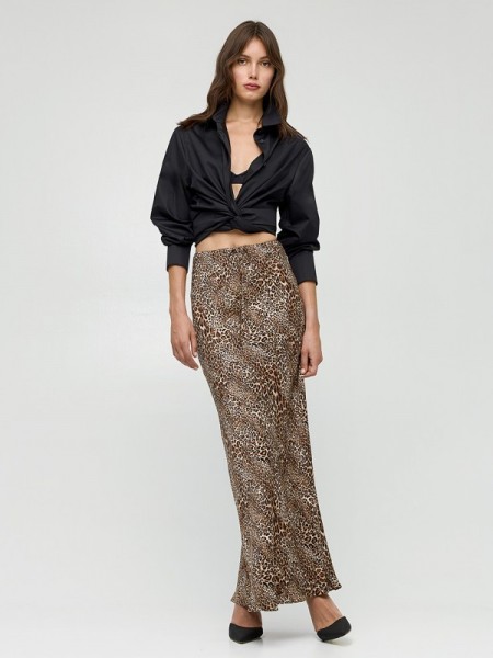 Animal printed μαύρη ψηλόμεση maxi φούστα σε λοξή γραμμή, με μικρό λεοπάρ μοτίβο, μικρό λάστιχο στην μέση και ρυθμιζόμενο κορδόνι Access
