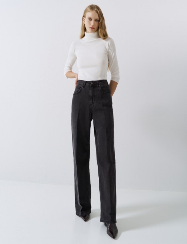 Μαύρο-γκρι ψηλόμεσο wide-leg jean παντελόνι σε ίσια γραμμή και τετράγωνες τσέπες πίσω Access