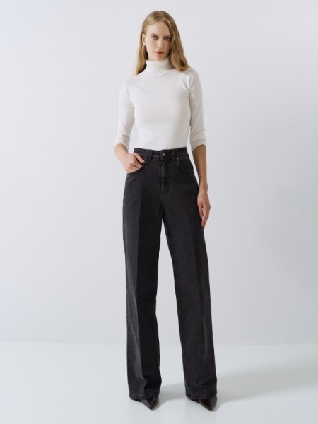 Μαύρο-γκρι ψηλόμεσο wide-leg jean παντελόνι σε ίσια γραμμή και τετράγωνες τσέπες πίσω Access