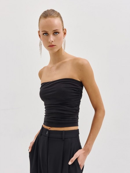 Μαύρο strapless τοπ, με σούρες στα πλαϊνά και λάστιχο περιμετρικά στο πάνω μέρος Access  