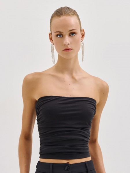 Μαύρο strapless τοπ, με σούρες στα πλαϊνά και λάστιχο περιμετρικά στο πάνω μέρος Access  