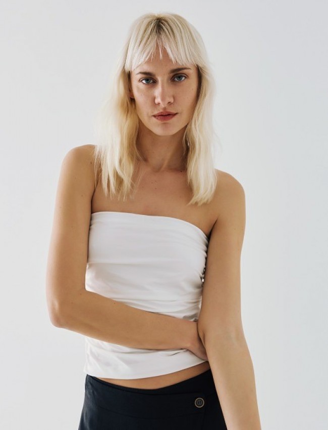 Λευκό strapless τοπ, με σούρες στα πλαϊνά και λάστιχο περιμετρικά στο πάνω μέρος Access  