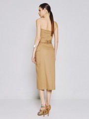 Μπεζ ελαστικό βαμβακερό strapless midi φόρεμα, σε εφαρμοστή γραμμή, με μεγάλες τετράγωνες τσέπες μπροστά, λάστιχο και σκίσιμο πίσω και αποσπώμενη υφασμάτινη ζώνη Access