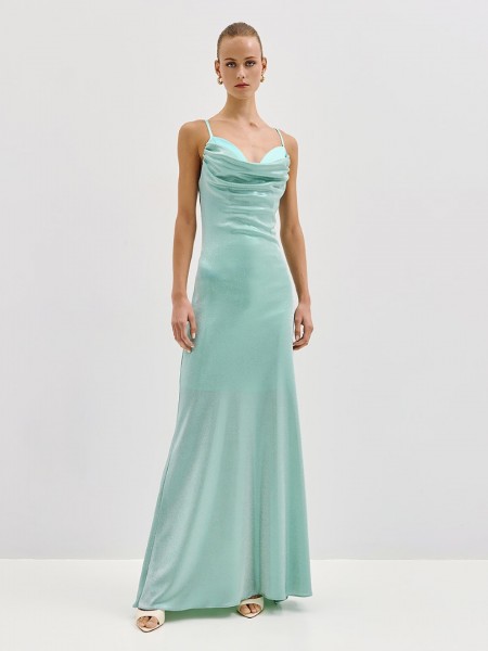 Μέντα lurex maxi φόρεμα, με ντραπέ λαιμόκοψη, σούρες πίσω, με ρυθμιζόμενες λεπτές τιράντες και άνοιγμα στην πλάτη Access