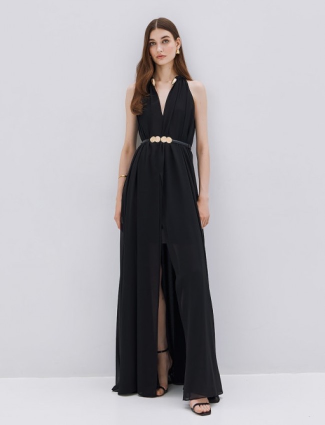 Μαύρο αμάνικο maxi φόρεμα από μουσελίνα σε κλος oversized γραμμή, με διπλό μπροστινό σκίσιμο, ιδιαίτερο μη αποσπώμενο κόσμημα στο λαιμό και εσωτερική αποσπώμενη φόδρα Αccess