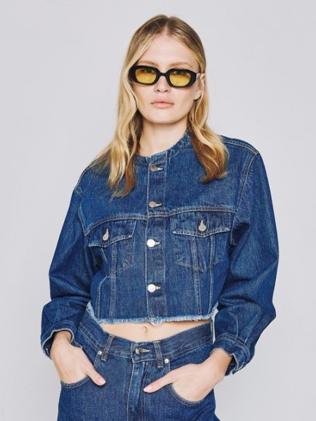 Blue jean cropped jacket-μπουφάν, με ταμπά γαζιά, μάο λαιμόκοψη, τετράγωνες μπροστινές τσέπες, φουσκωτά μανίκια και μικρό ξέφτι στο τελείωμα Access