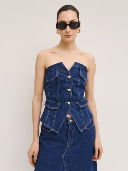 Blue jean strapless μπούστο με κλείσιμο 3 κουμπιά μπροστά και ψεύτικες μπροστινές τσέπες Access