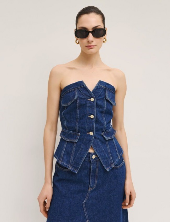 Blue jean strapless μπούστο με κλείσιμο 3 κουμπιά μπροστά και ψεύτικες μπροστινές τσέπες Access