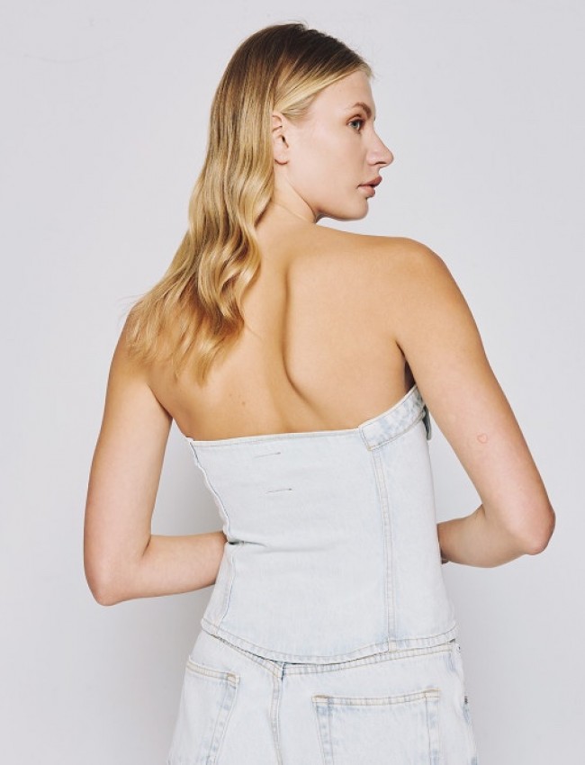 Light blue jean strapless μπούστο με κλείσιμο 3 κουμπιά μπροστά και ψεύτικες μπροστινές τσέπες Access