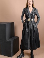 Μαύρο faux-leather shirt-look μακρυμάνικο midi φόρεμα χωρίς πέτο γιακά, με συνδυασμό γκρι πλεκτού υφάσματος, εξωτερικές διακοσμητικές ραφές και πλαϊνές τσέπες Access
