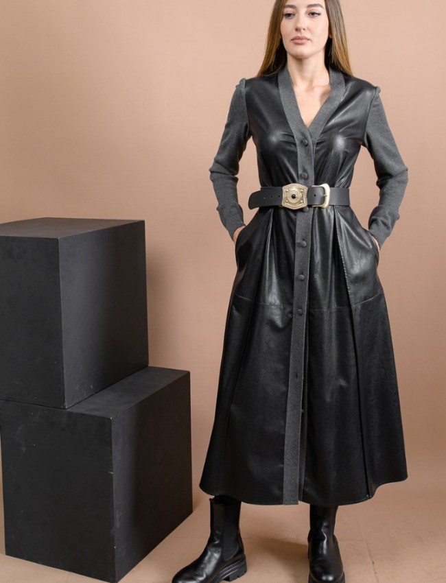 Μαύρο faux-leather shirt-look μακρυμάνικο midi φόρεμα χωρίς πέτο γιακά, με συνδυασμό γκρι πλεκτού υφάσματος, εξωτερικές διακοσμητικές ραφές και πλαϊνές τσέπες Access