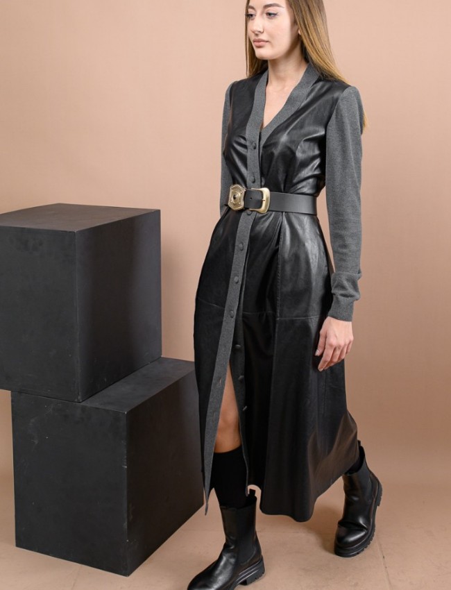 Μαύρο faux-leather shirt-look μακρυμάνικο midi φόρεμα χωρίς πέτο γιακά, με συνδυασμό γκρι πλεκτού υφάσματος, εξωτερικές διακοσμητικές ραφές και πλαϊνές τσέπες Access