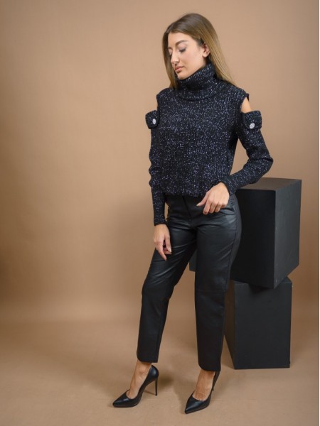 Μαύρο faux leather basic παντελόνι με πλαϊνές τσέπες, διπλό κουμπί, κλείσιμο με φερμουάρ και τσέπες φιλέτο πίσω Access