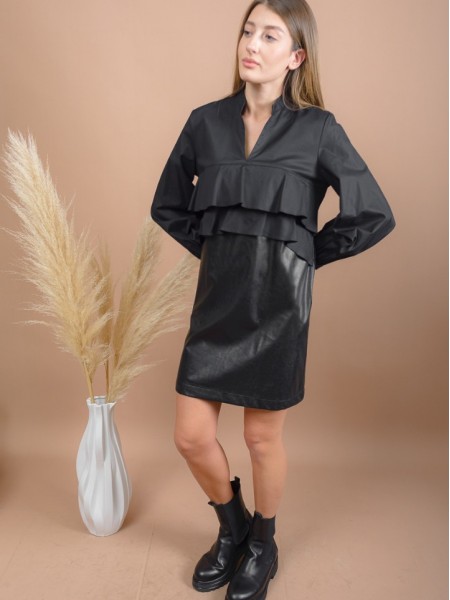 Μαύρο μακρυμάνικο faux-leather κοντό φόρεμα με συνδυασμό υφασμάτων, μάο γιακά, βολάν μπροστά και πλαϊνές τσέπες Access