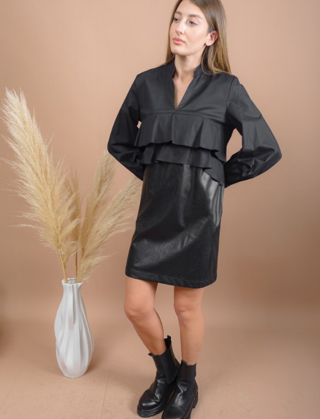 Μαύρο μακρυμάνικο faux-leather κοντό φόρεμα με συνδυασμό υφασμάτων, μάο γιακά, βολάν μπροστά και πλαϊνές τσέπες Access