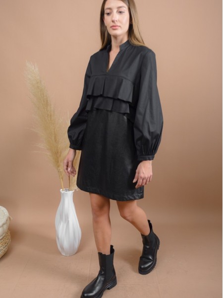 Μαύρο μακρυμάνικο faux-leather κοντό φόρεμα με συνδυασμό υφασμάτων, μάο γιακά, βολάν μπροστά και πλαϊνές τσέπες Access