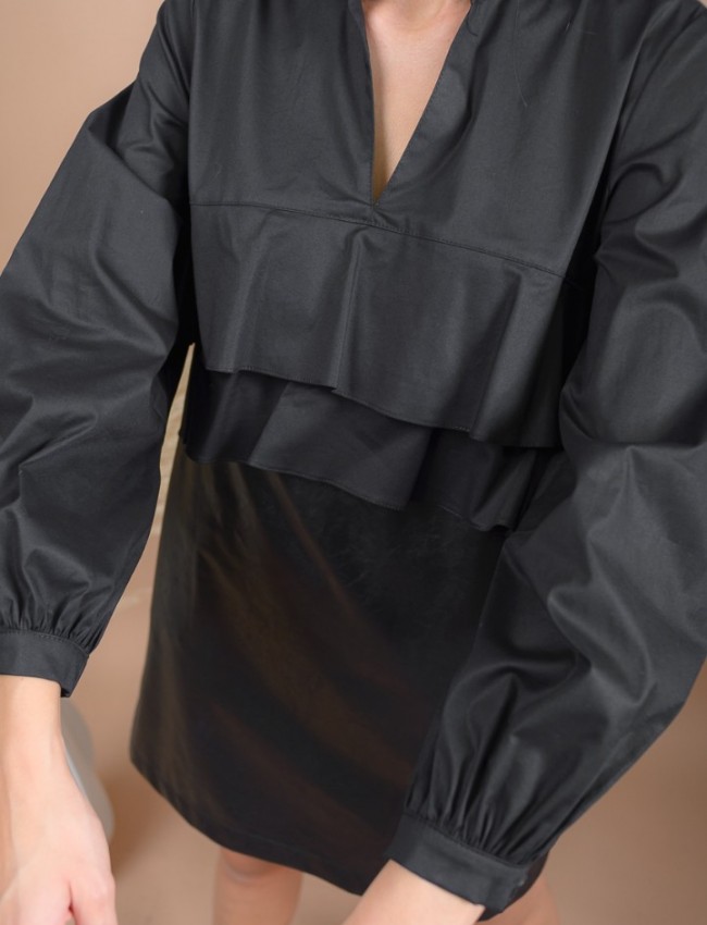 Μαύρο μακρυμάνικο faux-leather κοντό φόρεμα με συνδυασμό υφασμάτων, μάο γιακά, βολάν μπροστά και πλαϊνές τσέπες Access