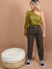 Καρώ πράσινο ψηλόμεσο slouchy-fit παντελόνι με πιέτες μπροστά,πλαϊνές τσέπες και κλείσιμο με κουμπί και φερμουάρ μπροστά Access