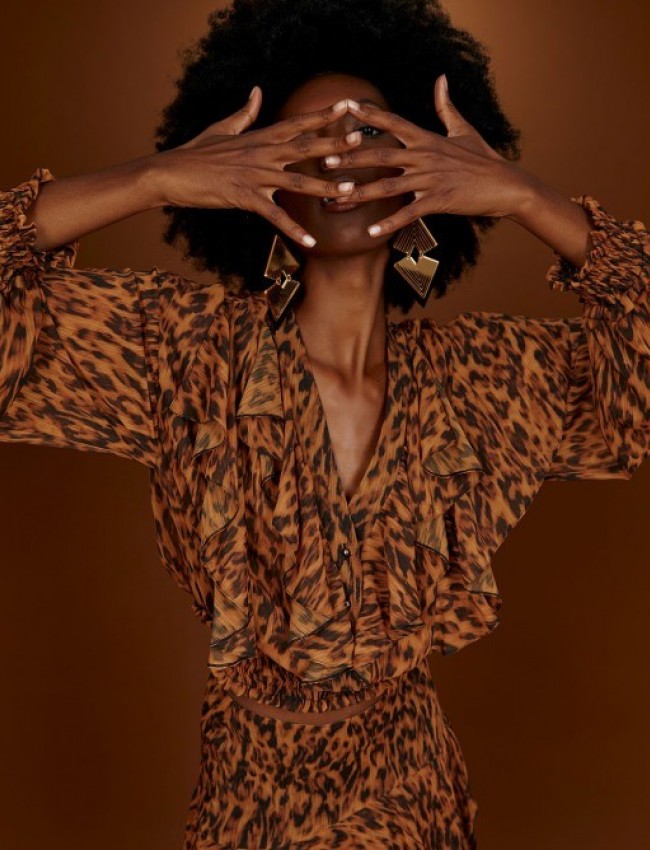 Leopard printed μακρυμάνικη μπλούζα ημιδιάφανη, με V-λαιμόκοψη, βολάν στο μπροστά μέρος και λάστιχο σφηκοφωλιά στα τελειώματα Access