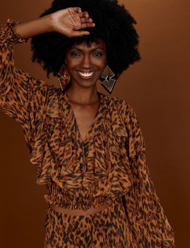 Leopard printed μακρυμάνικη μπλούζα ημιδιάφανη, με V-λαιμόκοψη, βολάν στο μπροστά μέρος και λάστιχο σφηκοφωλιά στα τελειώματα Access