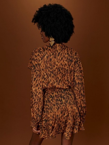 Leopard printed μακρυμάνικη μπλούζα ημιδιάφανη, με V-λαιμόκοψη, βολάν στο μπροστά μέρος και λάστιχο σφηκοφωλιά στα τελειώματα Access