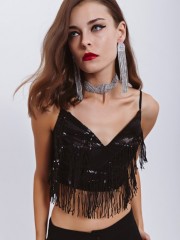 Μαύρο αμάνικο cropped top με ρυθμιζόμενες τιράντες, κρόσια με παγιέτα και κλείσιμο με φερμουάρ πίσω Access