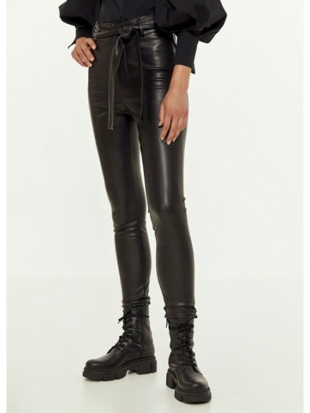 Μαύρο ψηλόμεσο faux-leather παντελόνι-κολάν, χωρίς τσέπες, με κλείσιμο με κουμπί και φερμουάρ και αποσπωμένη ζώνη Access