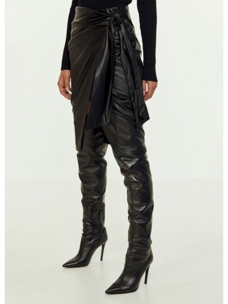 Μαύρη ψηλόμεση faux-leather midi φούστα κρουαζέ, με δέσιμο στο πλάι, ασύμμετρο ποδόγυρο και κλείσιμο με φερμουάρ πίσω Access