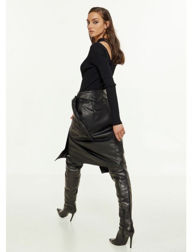 Μαύρη ψηλόμεση faux-leather midi φούστα κρουαζέ, με δέσιμο στο πλάι, ασύμμετρο ποδόγυρο και κλείσιμο με φερμουάρ πίσω Access