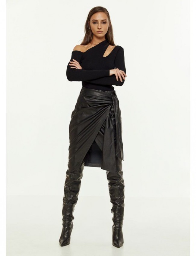 Μαύρη ψηλόμεση faux-leather midi φούστα κρουαζέ, με δέσιμο στο πλάι, ασύμμετρο ποδόγυρο και κλείσιμο με φερμουάρ πίσω Access