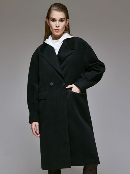 Μαύρο oversized σταυρωτό παλτό με φουσκωτά μανίκια, πέτο γιακά, ρεγκλάν μανικοκόλληση και τσέπες μπροστά Access